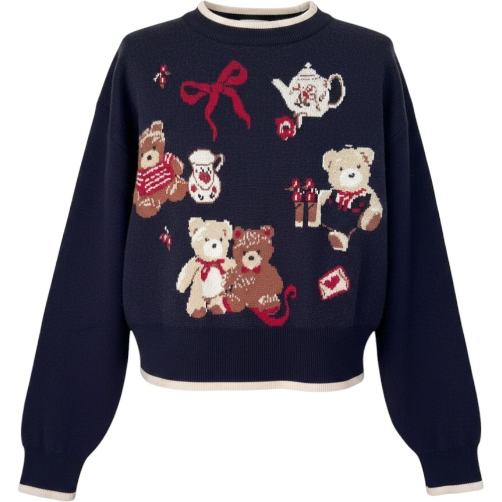 Cider Sweater Women S Navy Teddy Bear Teapot Intarsia Whimsigoth Soft Long Sleev